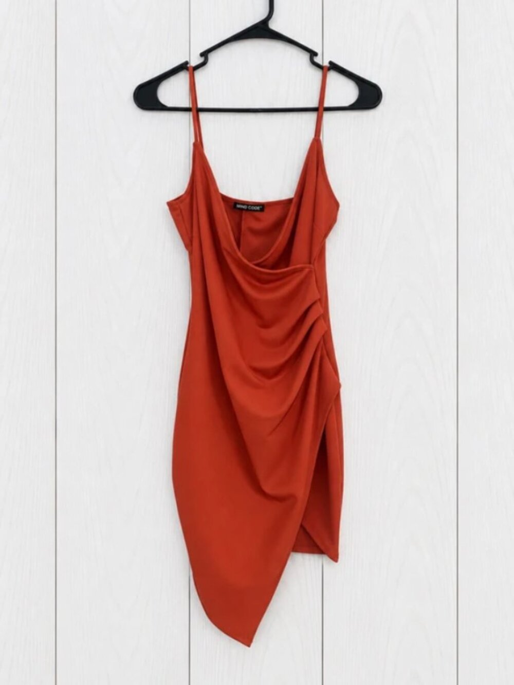 Mind Code Women’s Amber Cowl Neck Strappy Asymmetric Draped Mini Dress